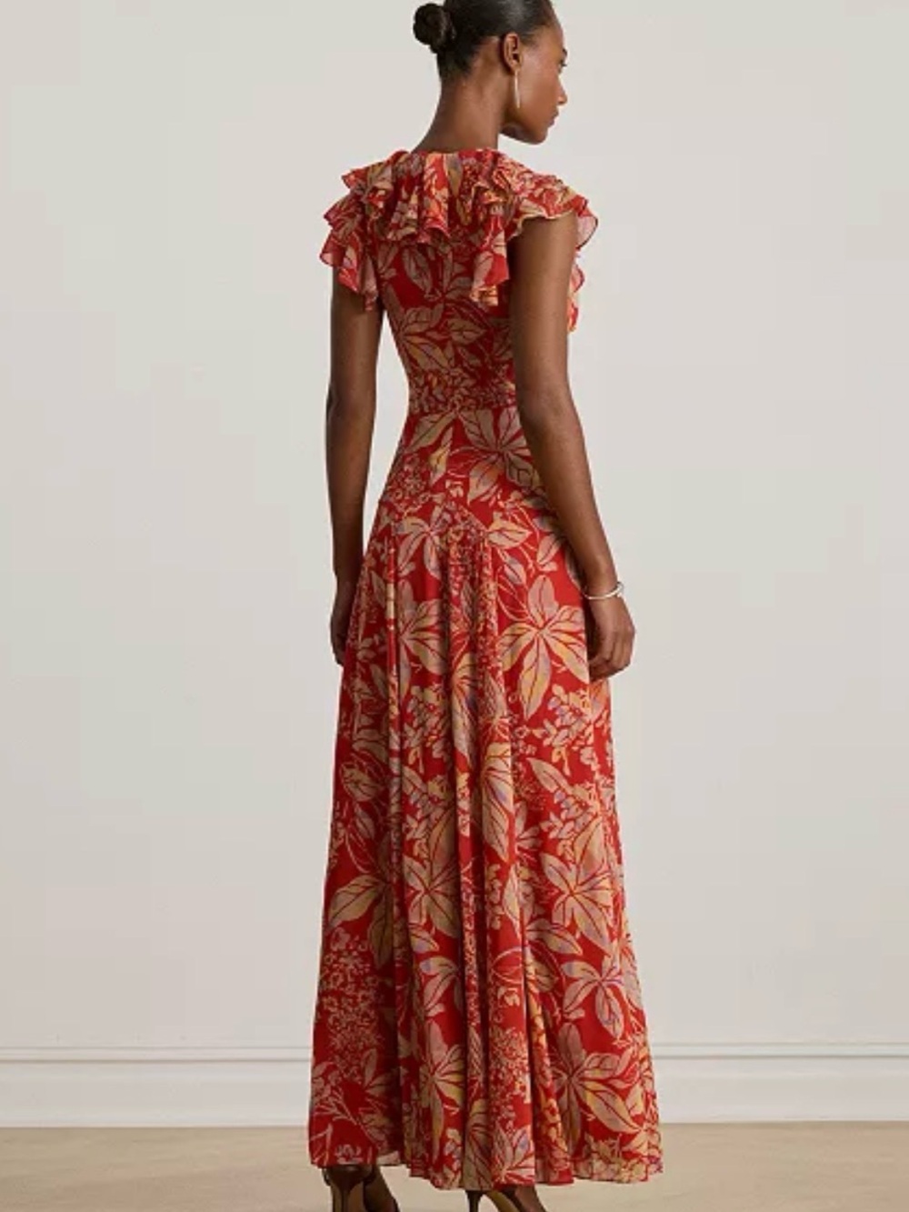 NWT Lauren Ralph Lauren Red Floral Printed Empire-Waist Belted Maxi Dress - Picture 2 of 10
